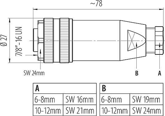 Schaaltekening 7/8" Kabeldoos, aantal polen: 2+PE, 10,0-12,0 mm, onafgeschermd, schroefklem, IP67, UL 2238, VDE