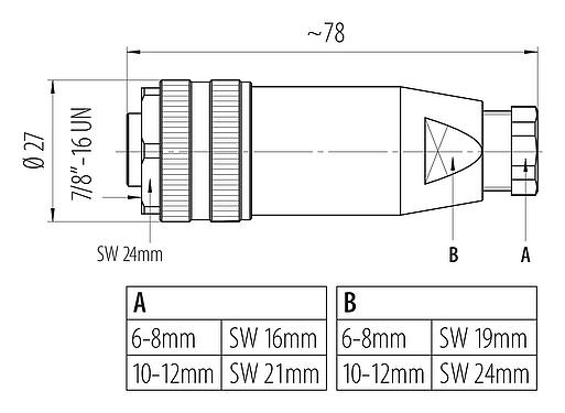 比例图 7/8" 直头孔头电缆连接器, 极数: 4+PE, 10.0-12.0mm, 非屏蔽, 螺钉接线, IP67, UL 2238, VDE