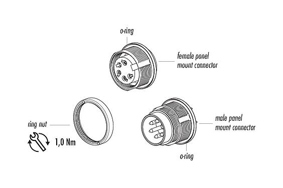 Artikelbeschrijving M16 Female panel mount connector, aantal polen: 7 (07-a), onafgeschermd, THT, IP67, UL 2238, M18x0,75, Achterwandmontage