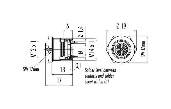 Schaaltekening M12 Female panel mount connector, aantal polen: 5, schermbaar, SMT, IP67, M14x1,0, Frontaansluiting