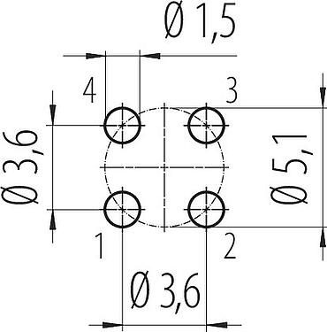 导体结构 M12 针头法兰座, 极数: 4, 非屏蔽, THT, IP68, UL 2238, M16x1.5, 後壁安裝, 模压成型