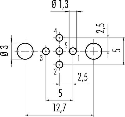 Conductor layout M12 Female panel mount connector, Contacts: 5, shieldable, THT, IP68, UL 2238, PG 9, Rear mounting, potted