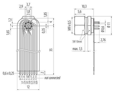 Anschluss & Maße
M9 Flanschdose, Polzahl: 7, ungeschirmt, THT, M9x0,5, Rückwandmontage
