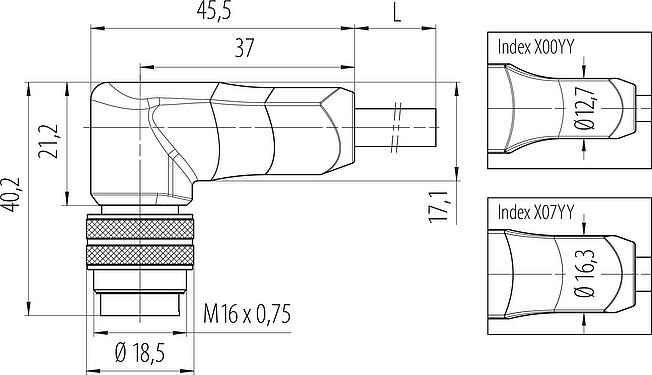 Skalritning M16 Vinkelplugg, antal poler: 12, skärmad, fastgjuten på kabeln, IP67, PUR, svart, 12 x 0,25 mm², 2 m