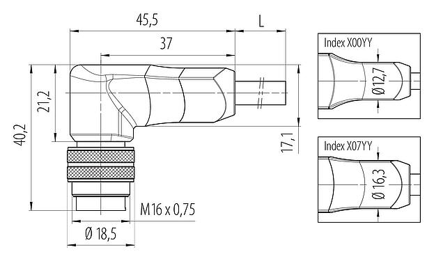 Scale drawing M16 Male angled connector, Contacts: 12, shielded, moulded on the cable, IP67, PUR, black, 12 x 0.25 mm², 2 m