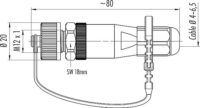 Dessin coté M12 Connecteur mâle, Contacts: 4, 4,0-6,5 mm, non blindé, pince à visser, IP68/IP69K, pour les applications extérieures, résistant aux UV