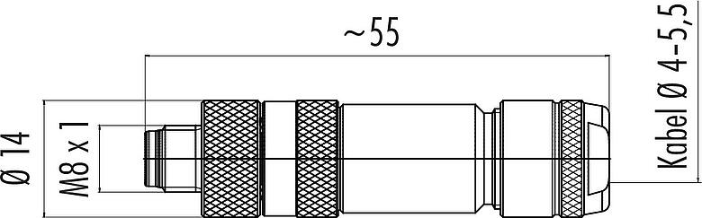 Maßzeichnung M8 Kabelstecker, Polzahl: 4, 4,0-5,5 mm, schirmbar, schraubklemm, IP67, UL 2238, Irisfeder
