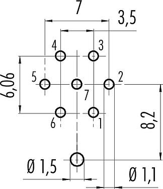 Conductor layout M16 Female panel mount connector, Contacts: 7 (07-a), shieldable, THT, IP40, M18x0,75, Rear mounting