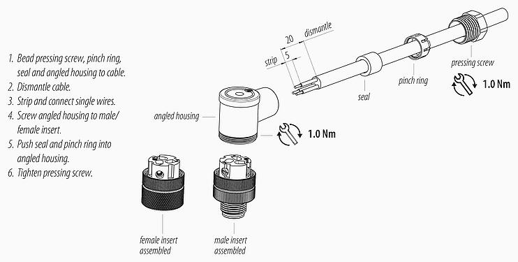 装配说明 M12 弯角孔头电缆连接器, 极数: 2+PE, 4.0-6.0mm, 非屏蔽, 螺钉接线, IP67, UL