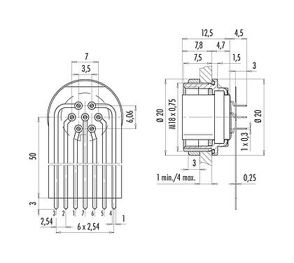 Verbinding & afmetingen M16 Female panel mount connector, aantal polen: 7 (07-a), onafgeschermd, THT, IP67, M18x0,75, Achterwandmontage