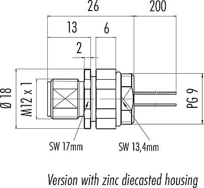 Dessin coté M12 Embase mâle, Contacts: 8, non blindé, fils, IP68, UL 2238, PG 9, Montage frontal, Alignement de codage positionnable