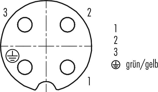 Polbild (Steckseite) RD24 Flanschdose, Polzahl: 3+PE, ungeschirmt, schraubklemm, IP67, UL, ESTI+, VDE, Frontmontage