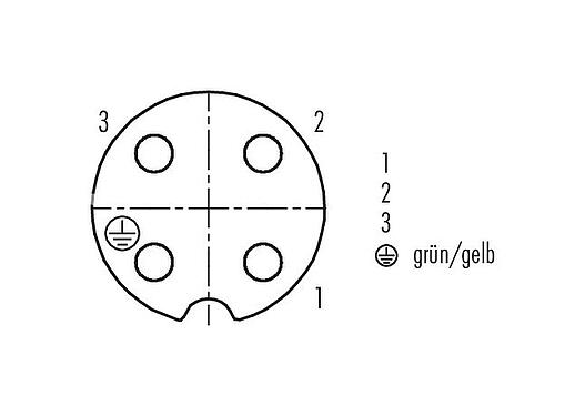 Polbild (Steckseite) RD24 Kabeldose, Polzahl: 3+PE, 12,0-14,0 mm, ungeschirmt, schraubklemm, IP67, UL, ESTI+, VDE, PG 16