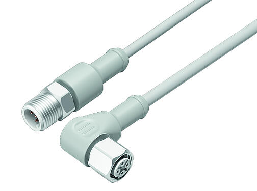 Illustration 77 3734 3729 40403-0500 - M12/M12 Connecting cable female angled connector - male cable connector, Contacts: 3, unshielded, moulded on the cable, IP69K, Ecolab, FDA compliant, Special TPE, grey, 3 x 0.34 mm², Food & Beverage, stainless steel, 5 m