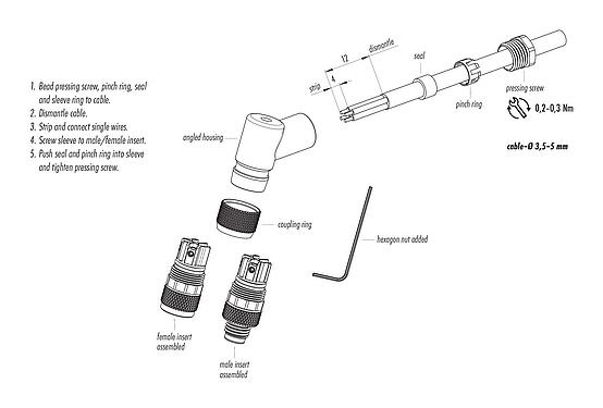 組立指示書 M8 オスアングルコネクタ, 極数: 3, 3.5-5.0mm, 非シールド, ねじ圧着, IP67, UL 2238