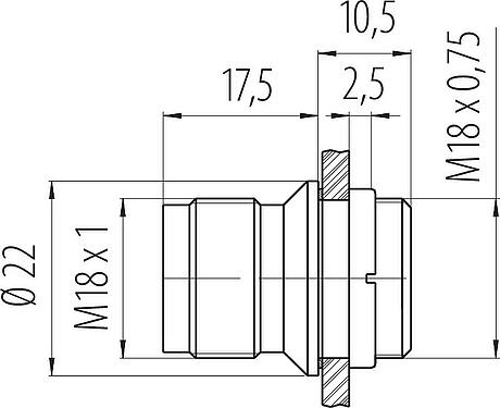 Maßzeichnung M18 Flanschstecker, Polzahl: 4, ungeschirmt, löten, IP67, UL, M18x0,75, Frontmontage