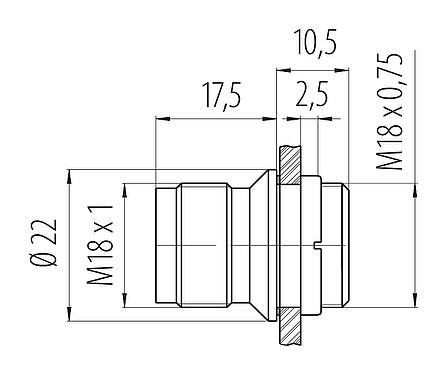 Dessin coté M18 Embase mâle, Contacts: 4, non blindé, souder, IP67, M18x0,75, Montage frontal