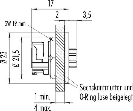 Maßzeichnung Bajonett Flanschdose, Polzahl: 8, ungeschirmt, THT, IP67 (auch ungesteckt), M13x1,0, Rückwandmontage