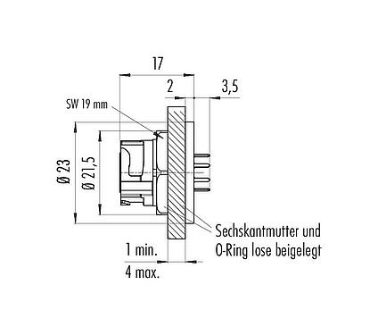 Maßzeichnung Bajonett Flanschdose, Polzahl: 8, ungeschirmt, THT, IP67 (auch ungesteckt), M13x1,0, Rückwandmontage