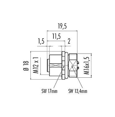 Méretarányos rajz M12 panelre szerelhető foglalat, : 5, árnyékolatlan, kézi forrasztású, IP68, UL 2238, M16x1,5, elülső rögzítés