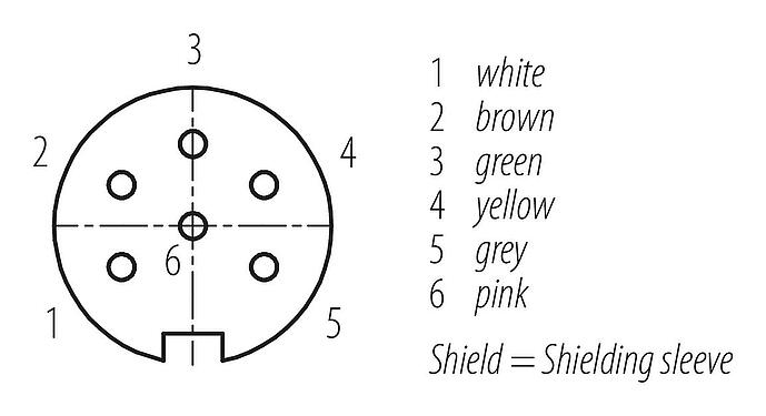 Contact arrangement (Plug-in side) M16 Female angled connector, Contacts: 6, shielded, moulded on the cable, IP67, PUR, black, 6 x 0.25 mm², 5 m