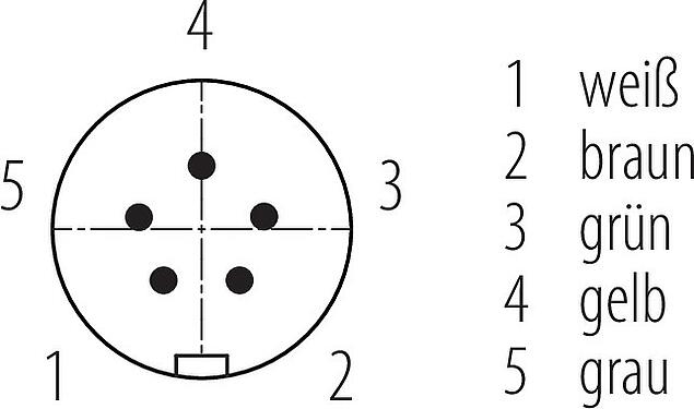 Polbild (Steckseite) Snap-In Kabelstecker, Polzahl: 5, ungeschirmt, am Kabel angespritzt, IP67, UL 2238, PUR, schwarz, 5 x 0,75 mm², 2 m