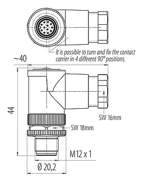 比例图 M12 弯角针头电缆连接器, 极数: 12, 6.0-8.0mm, 非屏蔽, 焊接, IP67, UL 2238
