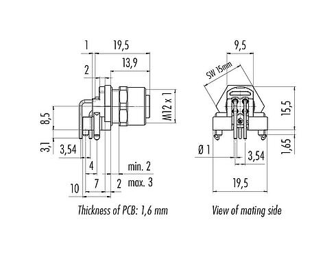 Výkres v měřítku M12 Přírubová zásuvka, úhlová, : 4, stínitelné, THR, IP68, UL 2238, M12x1,0, Přední montáž, pro montáž desek plošných spojů