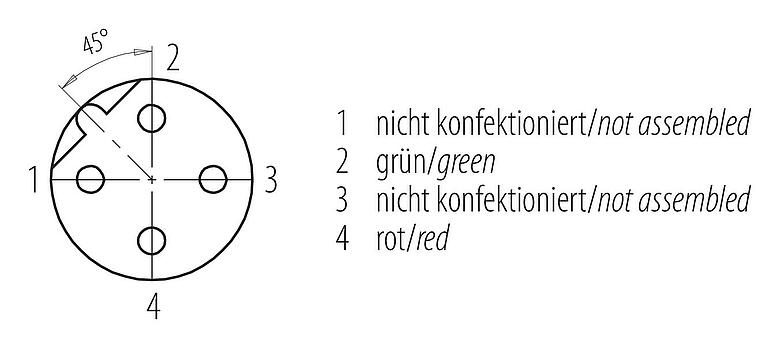 Polbild (Steckseite) M12 Flanschdose, Polzahl: 2, geschirmt, mit Kabel konfektioniert, IP68, M16x1,5, Profibus, PUR, violett, 1 x 2 x 0,25 mm², Frontmontage, 0,5 m
