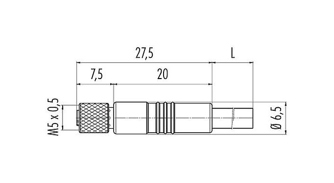 Dessin coté M5 Connecteur femelle, Contacts: 3, non blindé, surmoulé sur le câble, IP67, UL 2238, M5x0,5, PUR, noir, 3 x 0,14 mm², 2 m