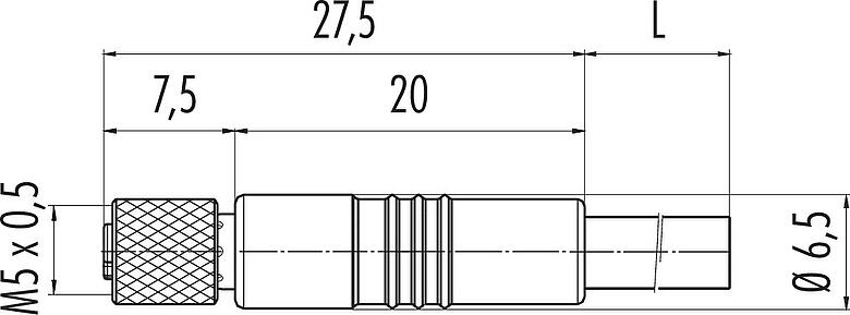 Dibujo a escala M5 Conector de cable hembra, Número de contactos: 4, sin blindaje, moldeado en el cable, IP67, UL 2238, M5x0,5, PUR, negro, 4 x 0,25 mm², 5 m