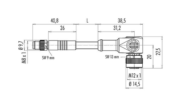 Maßzeichnung M12/M8 Kabelstecker - Winkeldose, Polzahl: 3, ungeschirmt, am Kabel angespritzt, IP67/IP69K, PUR, schwarz, 3 x 0,25 mm², mit LED PNP, 1 m