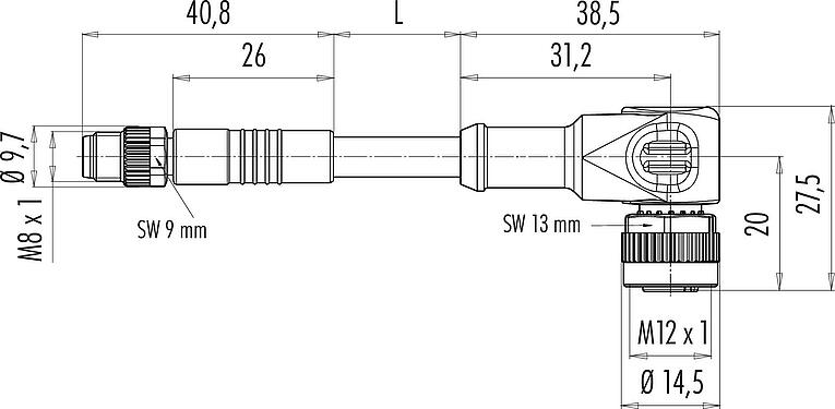 Dessin coté M12/M8 Connecteur mâle - connecteur d‘angle femelle, Contacts: 4, non blindé, surmoulé sur le câble, IP67/IP69K, PUR, noir, 4 x 0,25 mm², avec LED, PNP, 1 m