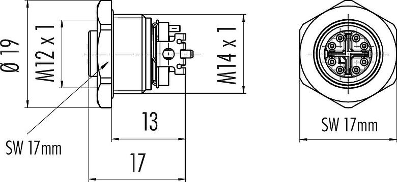 Scale drawing M12 Female panel mount connector, Contacts: 8, shieldable, SMT, IP68, M14x1.0, Rear mounting
