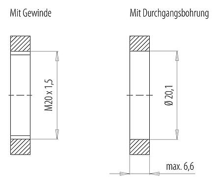 Montageanleitung / Montageausschnitt Bajonett Flanschdose, Polzahl: 6, ungeschirmt, Litzen, IP66/IP67, UL 2237, M20x1,5, Frontmontage