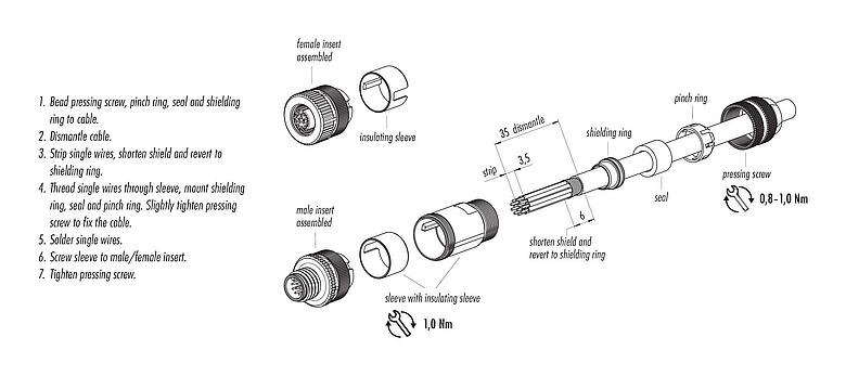 Instructions de montage M12 Connecteur mâle, Contacts: 12, 8,0-10,0 mm, blindable, souder, IP67, UL 2238, avec anneau de protection
