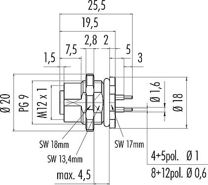 縮尺図 M12 メスパネルマウントコネクタ, 極数: 4, 非シールド, THT, IP67, UL 2238, PG 9, 背面パネルマウント