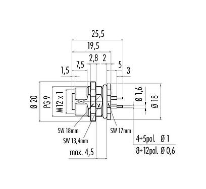 Scale drawing M12 Female panel mount connector, Contacts: 4, unshielded, THT, IP67, UL 2238, PG 9, Rear mounting