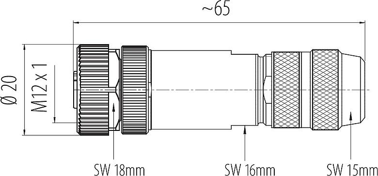 Scale drawing M12 Female cable connector, Contacts: 5, 8.0-9.0 mm, shieldable, wire clamp, IP67, iris spring