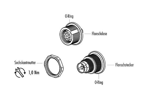 Einzelteildarstellung M9 Flanschstecker, Polzahl: 2, ungeschirmt, löten, IP67, M12x0,5, Rückwandmontage