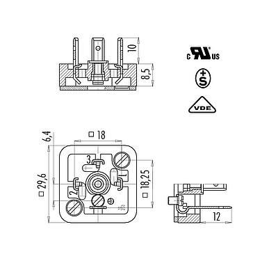 比例图 设备插头, 极数: 2+PE, 非屏蔽, 焊接, IP40 不带密封圈, UL, ESTI+, VDE