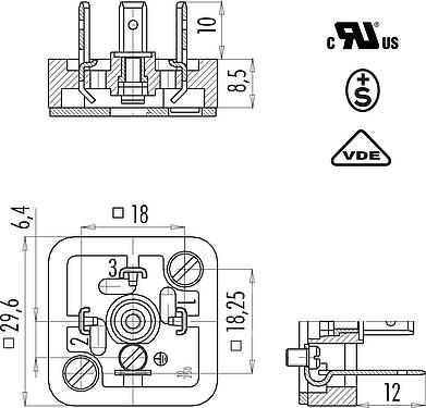 縮尺図 オス電源コネクタ, 極数: 3+PE, 非シールド, はんだ, シールなしのIP40, UL, ESTI+, VDE