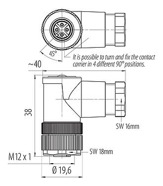 比例圖 M12 彎角孔頭電纜連接器, : 4, 6.0-8.0mm, 非遮罩, 螺釘接線, IP67, UL 2238