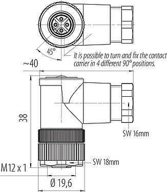 Schaaltekening M12 Female haakse connector, aantal polen: 4, 6,0-8,0 mm, onafgeschermd, schroefklem, IP67, UL 2238