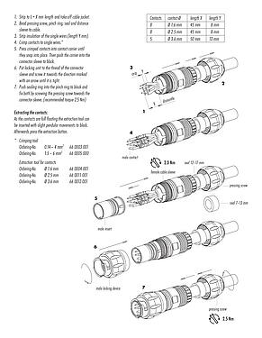 Kokoonpano-ohjeet Pistin Kaapelirasia, Napojen määrä: 4+PE, 7,0-17,0 mm, suojaamaton, puristusliittäminen (puristusliitoskoskettimet on tilattava erikseen), IP68/IP69K, UL 2238, VDE, UV-Beständig
