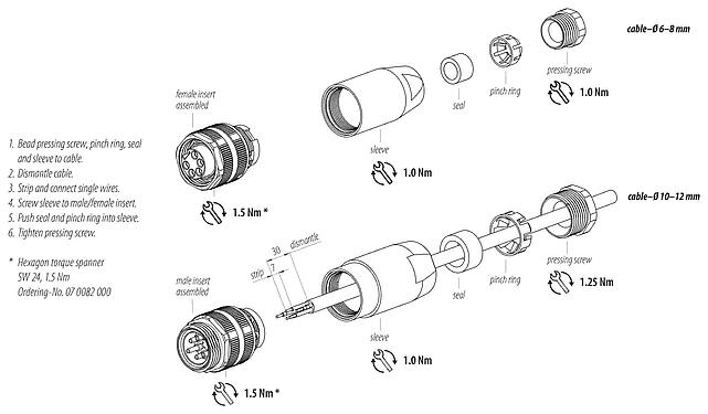 Instructions de montage 7/8" Connecteur mâle, Contacts: 4+PE, 10,0-12,0 mm, non blindé, pince à visser, IP67, UL 2238, VDE