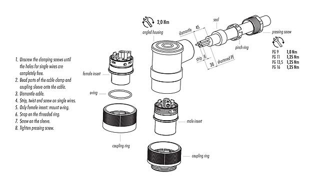 Assembly instructions RD30 Female angled connector, Contacts: 24, 10.0-12.0 mm, unshielded, solder, IP65