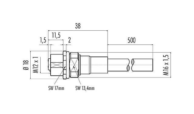 Méretarányos rajz M12 panelre szerelhető foglalat, : 8, 6,0 mm, árnyékolt, kábelre konfekcionált, IP68, M16x1,5, PUR, 8 x 0,25 mm², elülső rögzítés, 0,5 m