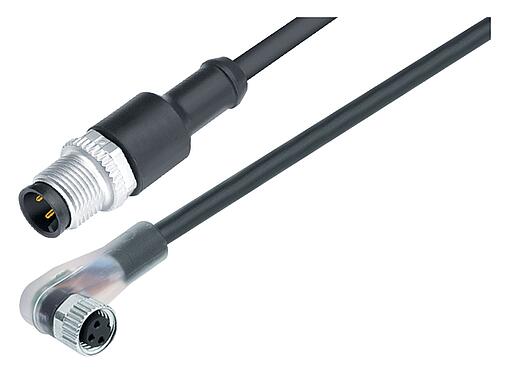 Illustration M12/M8 Male cable connector - female angled connector, Contacts: 3, unshielded, moulded on the cable, IP67/IP69K, PUR, black, 3 x 0.25 mm², with LED PNP, 1 m