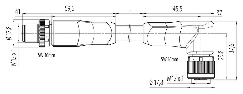Dessin coté M12 Connecteur mâle - connecteur d‘angle femelle, Contacts: 4+PE, non blindé, surmoulé sur le câble, IP68, UL 2238, PUR, noir, 5 x 1,50 mm², UL en préparation, 2 m